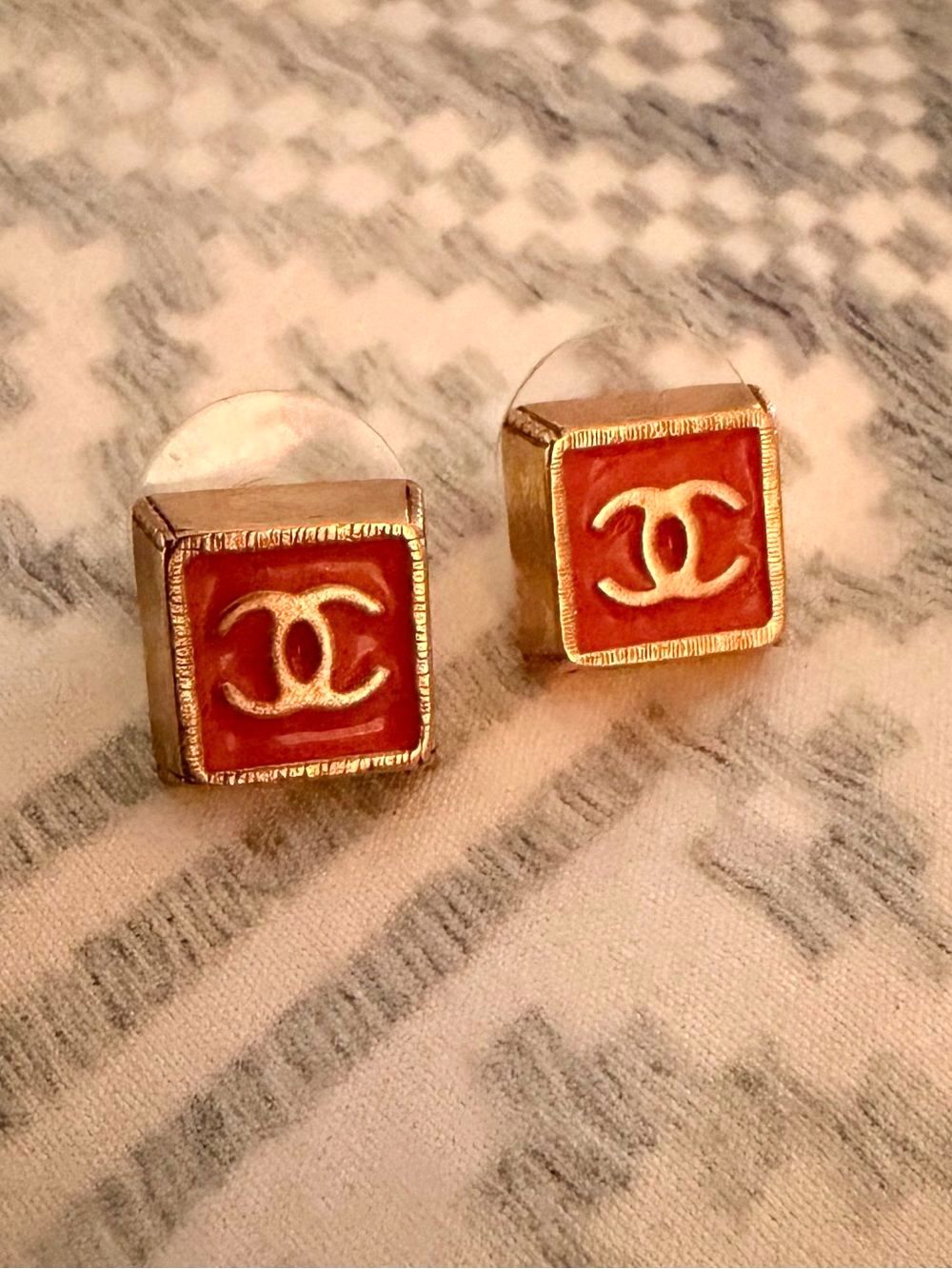 CHANEL Darling Authentic Terracotta Square Logo Stud Earrings RARE!!